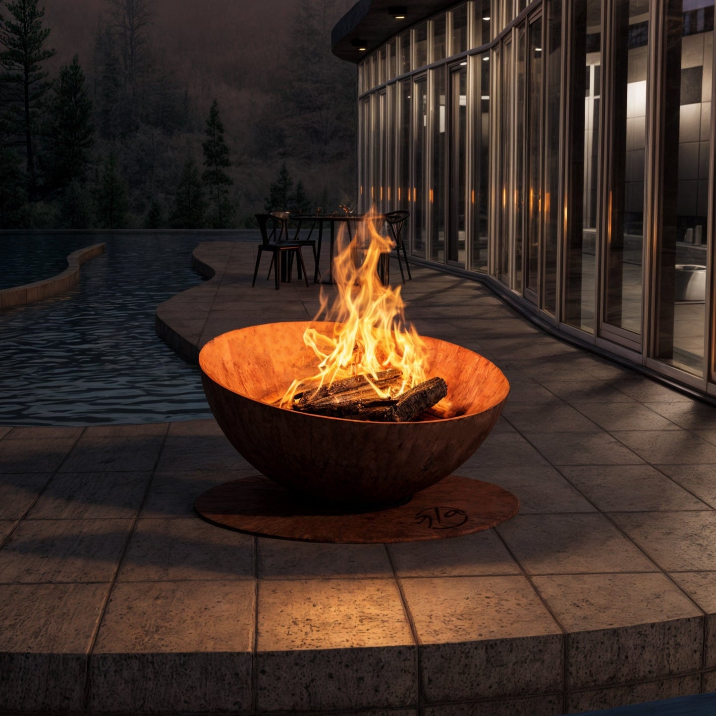 Fire pit on a patio with a pool and building in the background