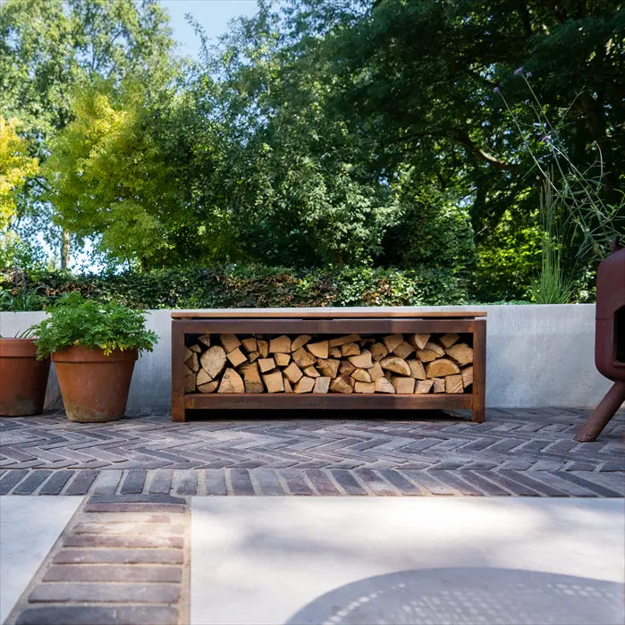 Adezz Logg Outdoor Wood Storage and Seat | Coated or Corten Steel