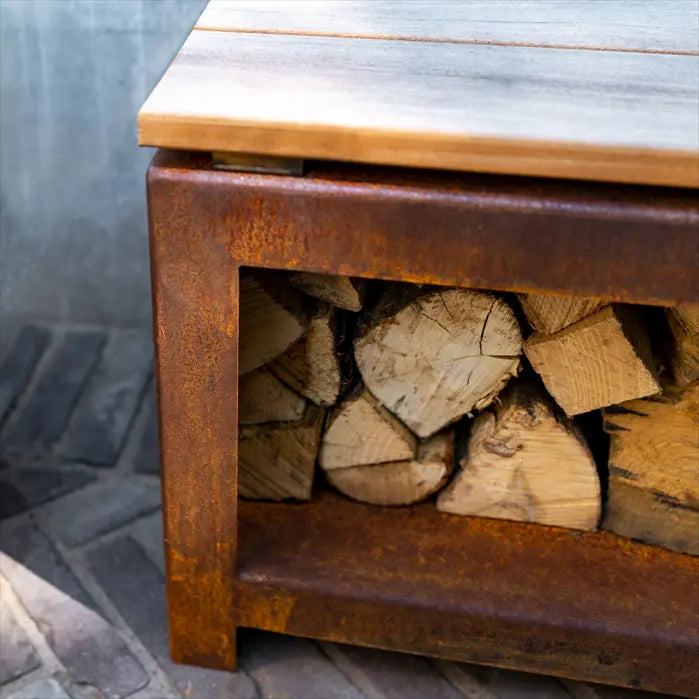 Adezz Logg Outdoor Wood Storage and Seat | Coated or Corten Steel