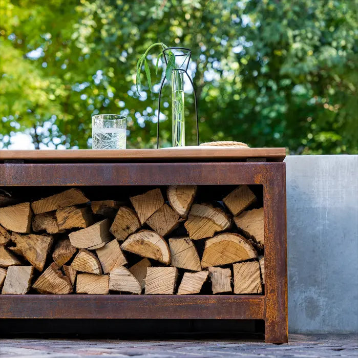 Adezz Logg Outdoor Wood Storage and Seat | Coated or Corten Steel