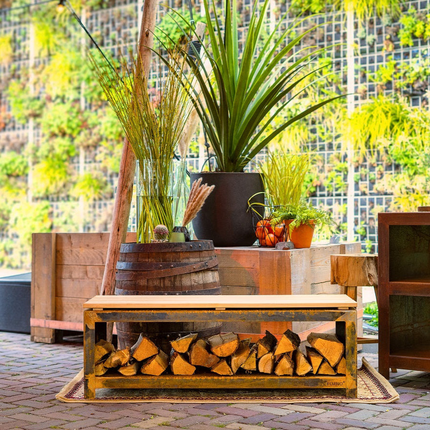 Adezz Logg Outdoor Wood Storage and Seat | Coated or Corten Steel