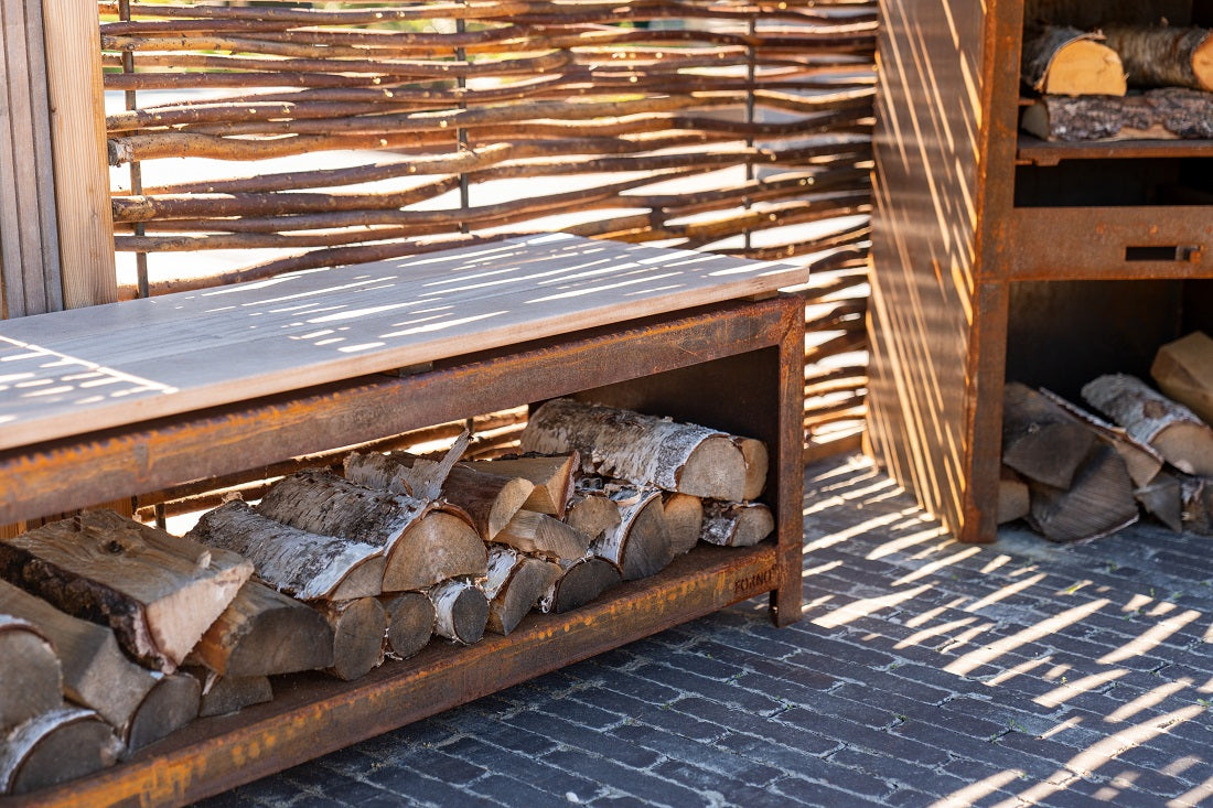 Adezz Logg Outdoor Wood Storage and Seat | Coated or Corten Steel