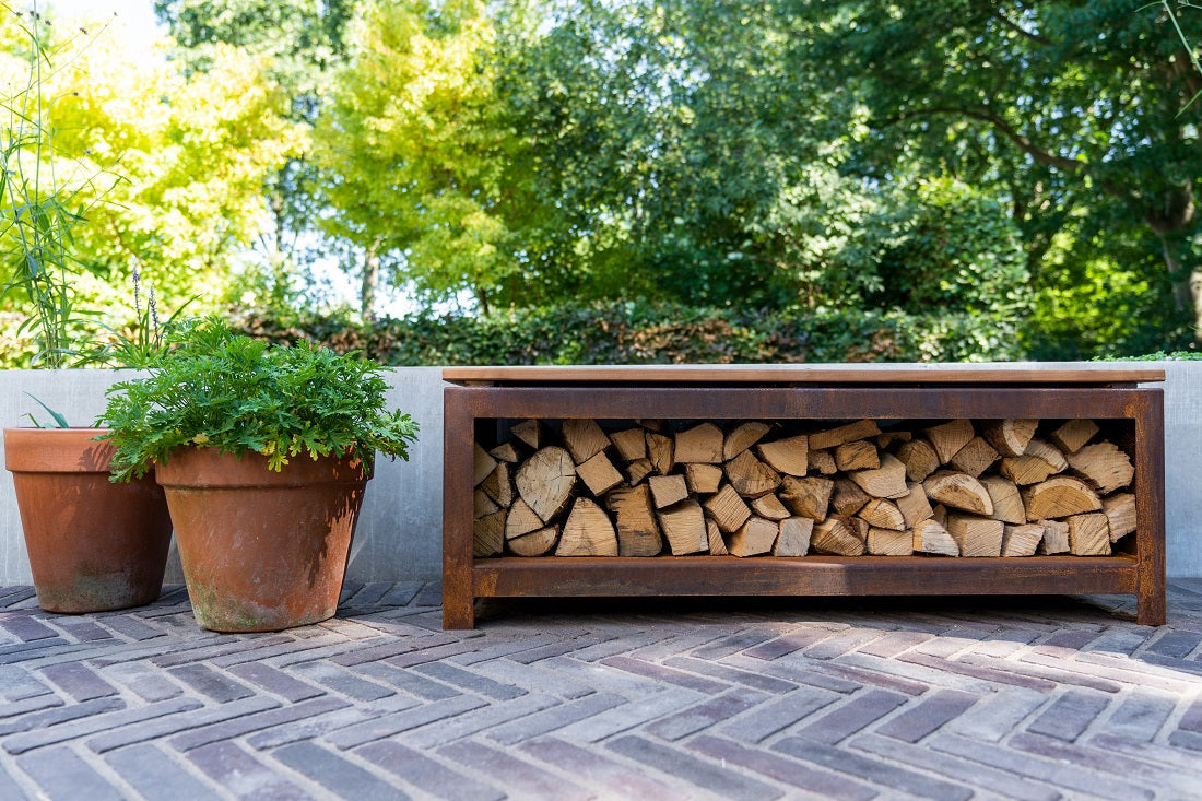 Adezz Logg Outdoor Wood Storage and Seat | Coated or Corten Steel