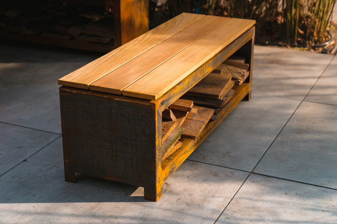 Adezz Logg Outdoor Wood Storage and Seat | Coated or Corten Steel