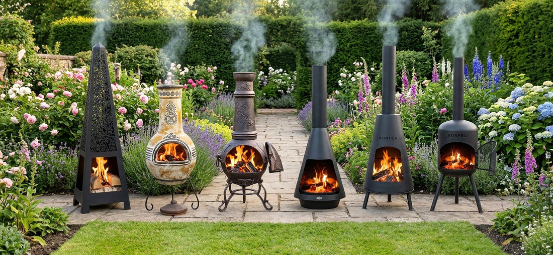 Six chimineas burning in a flower-filled UK garden: a laser-cut steel pyramid, a hand-painted Mexican clay chimenea, an ornate bronze cast iron chimenea with grape-vine relief, a tall black cone fireplace, and two BonFeu column fireplaces