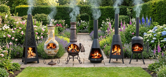 Six chimineas burning in a flower-filled UK garden: a laser-cut steel pyramid, a hand-painted Mexican clay chimenea, an ornate bronze cast iron chimenea with grape-vine relief, a tall black cone fireplace, and two BonFeu column fireplaces