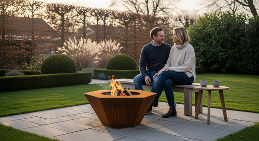 A couple sitting beside a hexagonal Corten steel fire pit in a British garden at early evening, choosing the right fire pit for their space