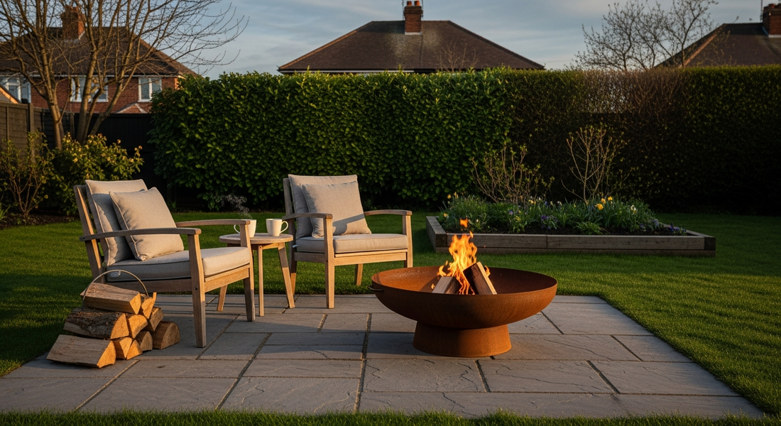 Subject: an unpretentious suburban British back garden at golden-hour dusk in spring. A simple round 80cm Corten steel fire pit bowl on grey
