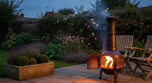 Steel chiminea with decorative ironwork panel burning wood fire in a cottage garden at dusk, brick wall with climbing roses and lavender behind