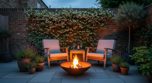 Subject: a compact British back garden courtyard at twilight. A weathered brick wall with climbing jasmine. A small 60cm Corten steel fire b