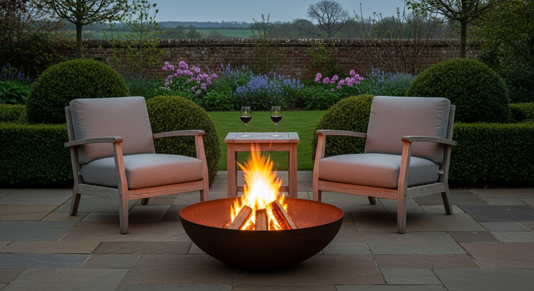 Subject: an English country garden patio at the golden hour of a late spring evening. A round Corten steel fire bowl approximately 80cm in d