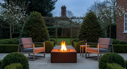 Subject: an established English country garden patio at dusk in late spring. A sleek modern Corten steel fire pit at centre with a soft warm