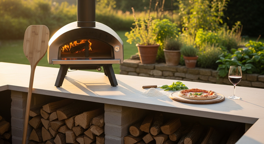 Subject: an outdoor kitchen setting in a British garden on a warm summer evening. A sleek domed wood-fired pizza oven sits on a stone workto