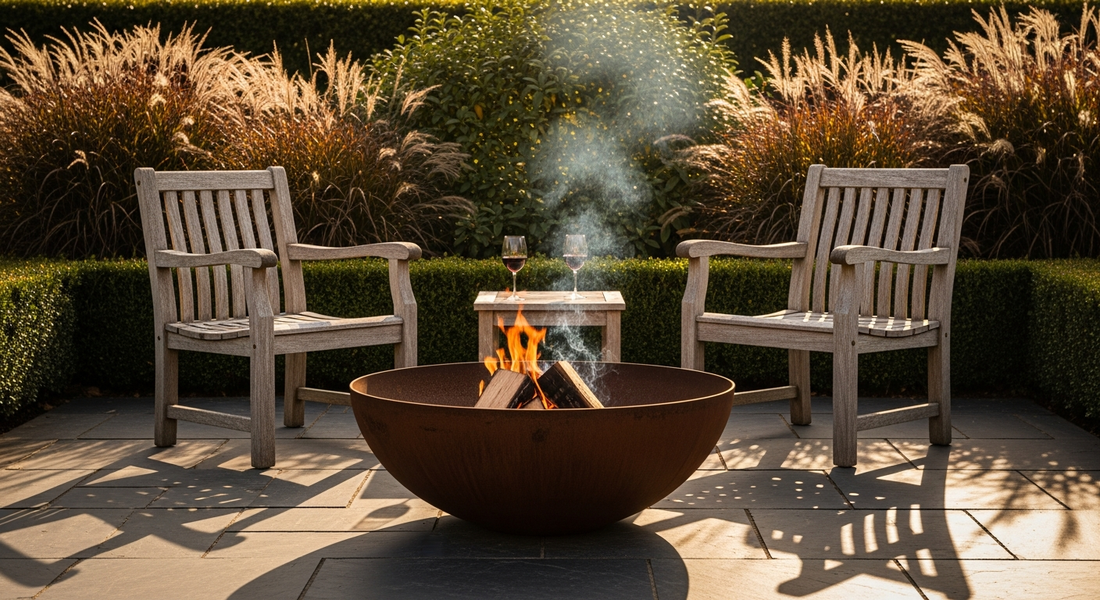 Subject: an English country garden patio in early autumn. A deep round 80cm Corten steel fire bowl sits on dark slate paving, its surface be
