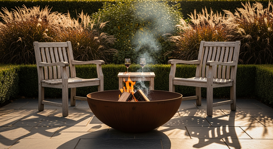 Subject: an English country garden patio in early autumn. A deep round 80cm Corten steel fire bowl sits on dark slate paving, its surface be