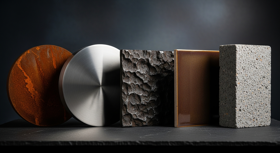 Subject: an editorial close-up product photograph. A dark moody studio background. Five fire pit material samples arranged side by side on a