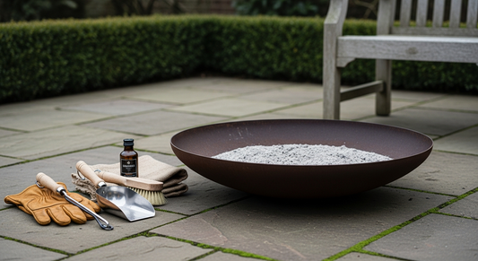 Subject: close-up editorial photograph of a round Corten steel fire pit bowl on textured York stone paving in an English garden, early morni