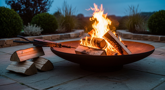 Round Corten steel fire pit bowl with an established wood fire burning on stone paving at dusk