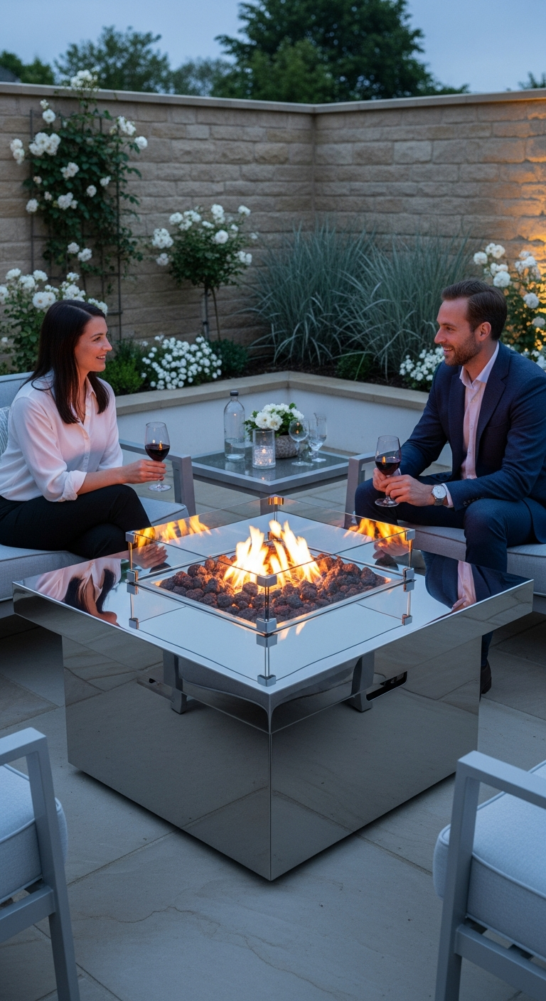 A couple sharing a glass of wine beside a lit polished stainless steel gas fire pit table on a stone patio at dusk