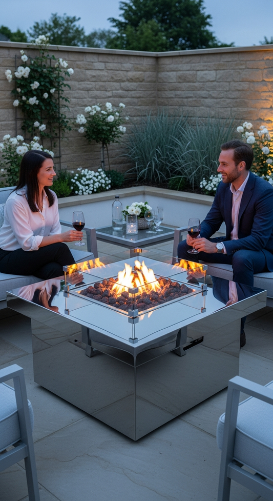 A couple sharing a glass of wine beside a lit polished stainless steel gas fire pit table on a stone patio at dusk