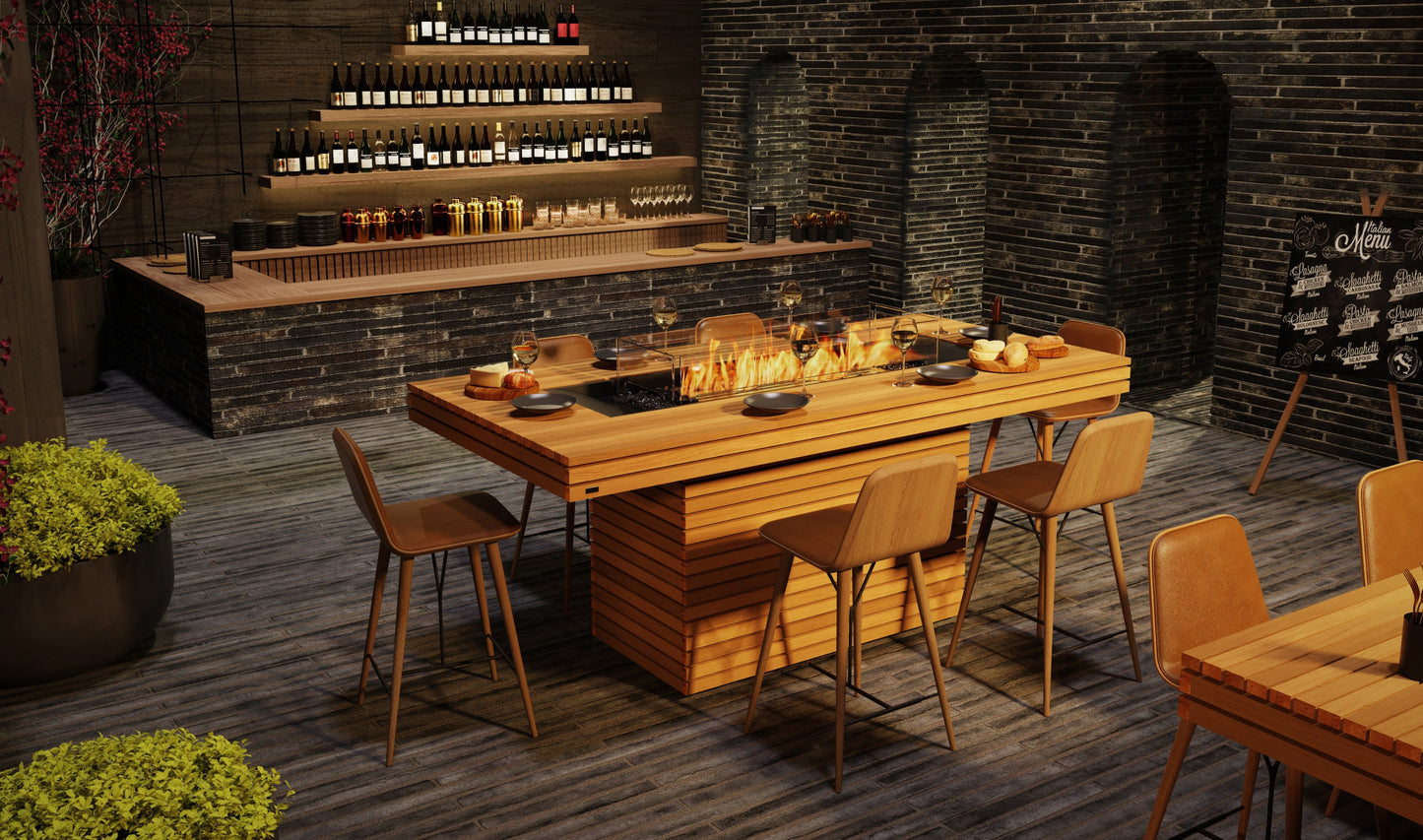 EcoSmart Fire Gin 90 Bar Rectangular Fire Pit Table, Bar Height, Concrete or Teak, Bioethanol or Gas