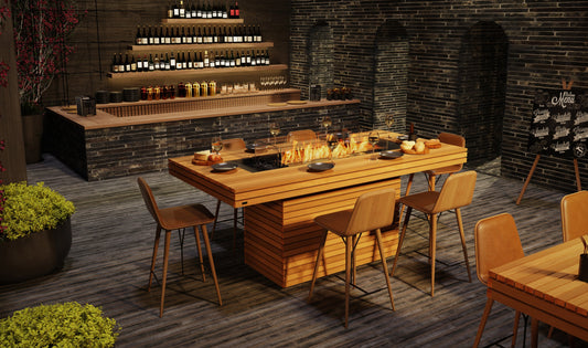 EcoSmart Fire Gin 90 Bar Rectangular Fire Pit Table, Bar Height, Concrete or Teak, Bioethanol or Gas