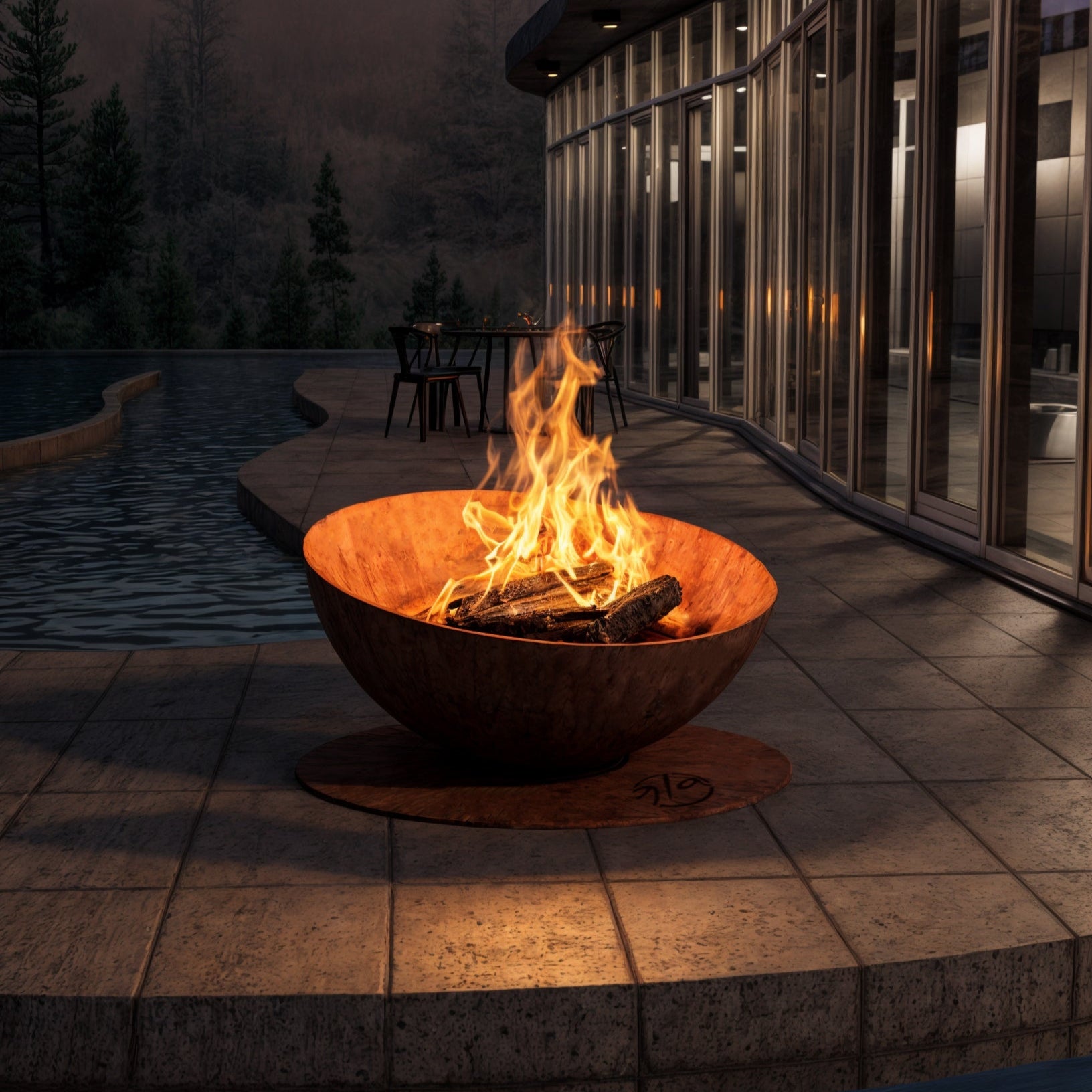 Fire pit on a patio with a pool and building in the background