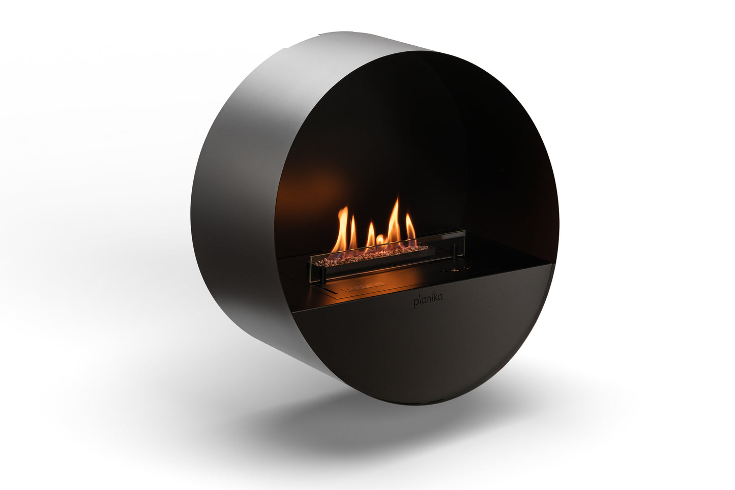 Modern wall-mounted fireplace with flames on a white background