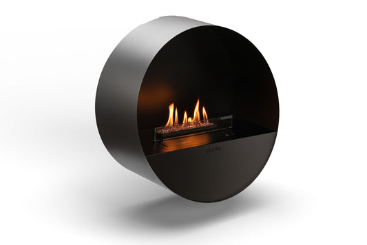 Modern wall-mounted fireplace with flames on a white background