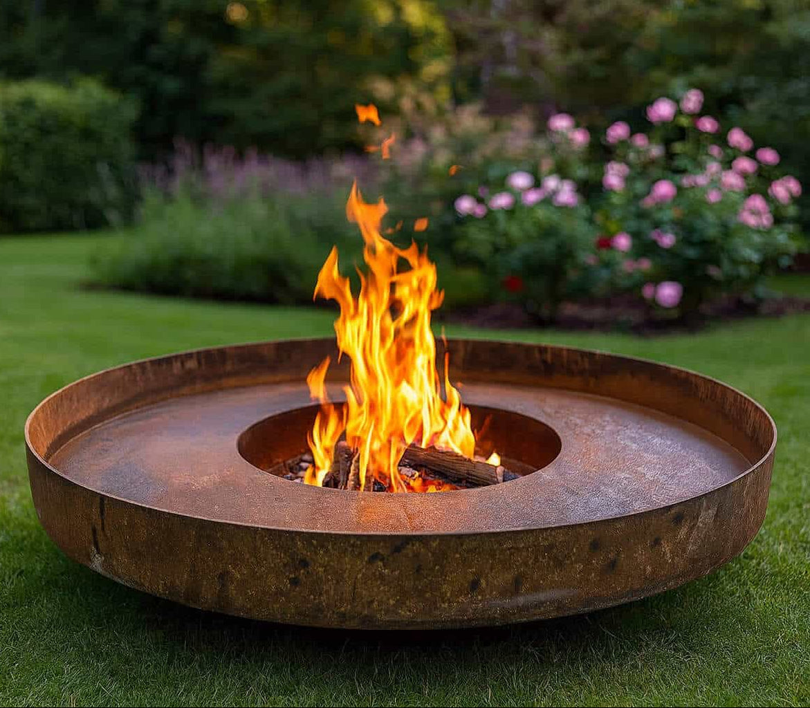 Weather IT Corten Steel Fire Bowl lit as an outdoor fire pit