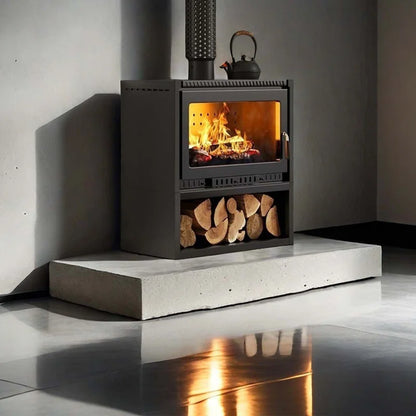 Domestic indoor fireplace with wood storage