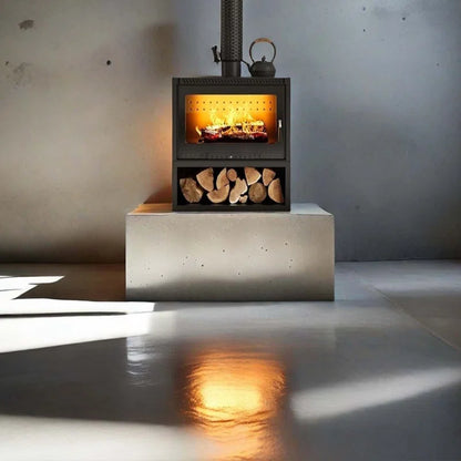 Domestic indoor fireplace with wood storage