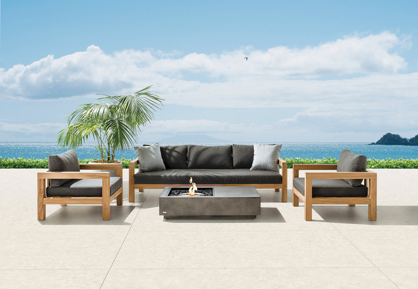 EcoSmart Fire Manhattan 50 Fire Pit Table, Offset Flame, Concrete or Teak, Bioethanol or Gas