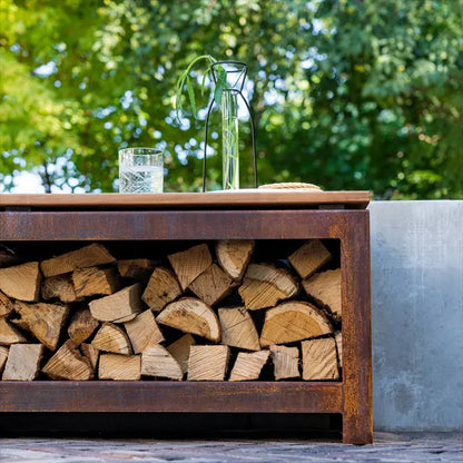 Adezz Logg Outdoor Wood Storage and Seat | Coated or Corten Steel