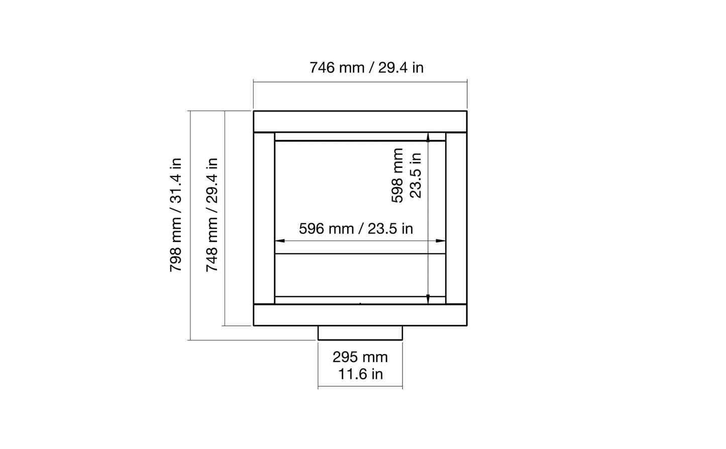 EcoSmart Fire Frame 600SS Fireplace Insert dimensions drawing