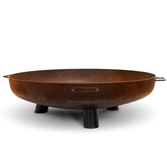 Copper-colored fire pit with 'Mood' branding on a white background