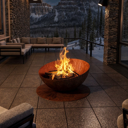 Outdoor patio with fire pit, couches, and mountain view