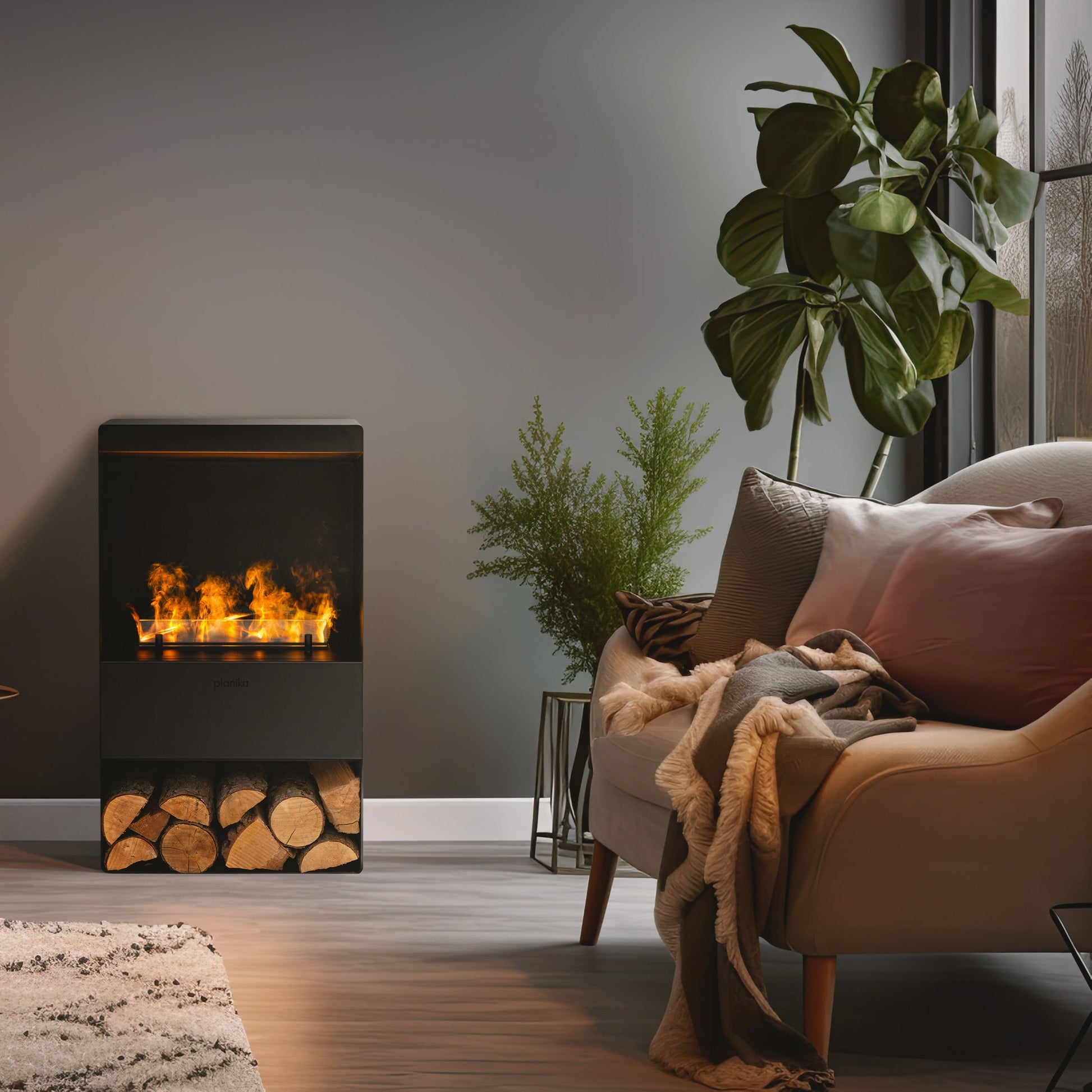 Cozy living room with a fireplace, shelves, and comfortable furniture.