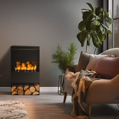 Cozy living room with a fireplace, shelves, and comfortable furniture.