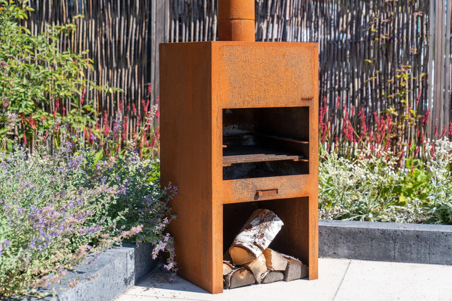 Adezz Stig Outdoor Fireplace With Wood Compartment | Coated or Corten Steel