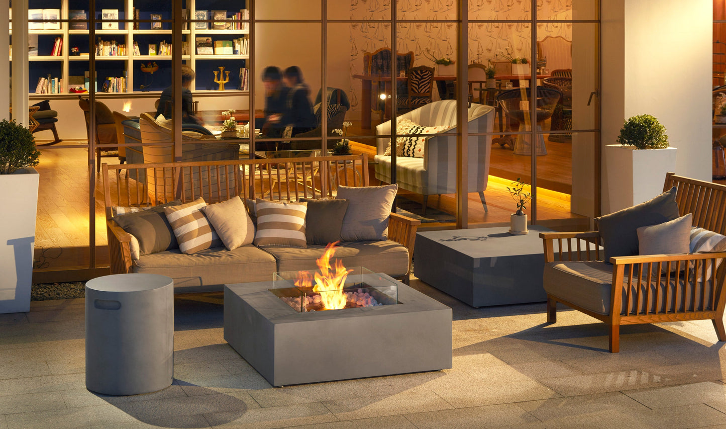 EcoSmart Fire Base 40 Square Fire Pit Table, 100cm, Concrete or Teak, Indoor and Outdoor, Bioethanol or Gas