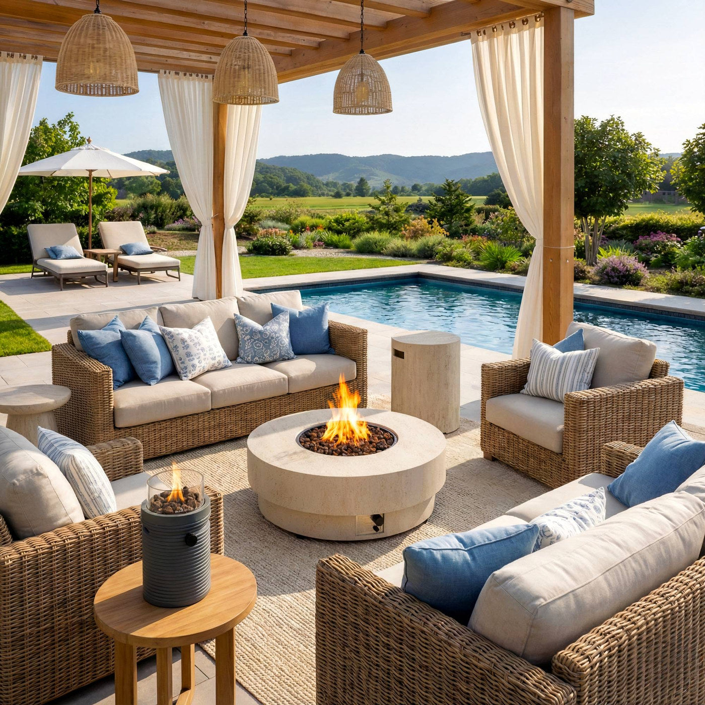 Happy Cocooning Estate Round 105 gas fire pit table alight on a poolside terrace