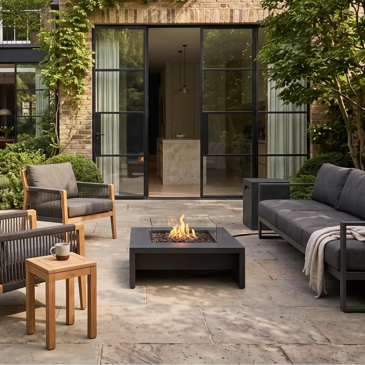 Modern outdoor patio furniture set in a landscaped backyard, featuring a dark gray sectional sofa, two wooden-framed armchairs with gray cushions, a small wooden side table, and a black fire pit on a stone paver patio.