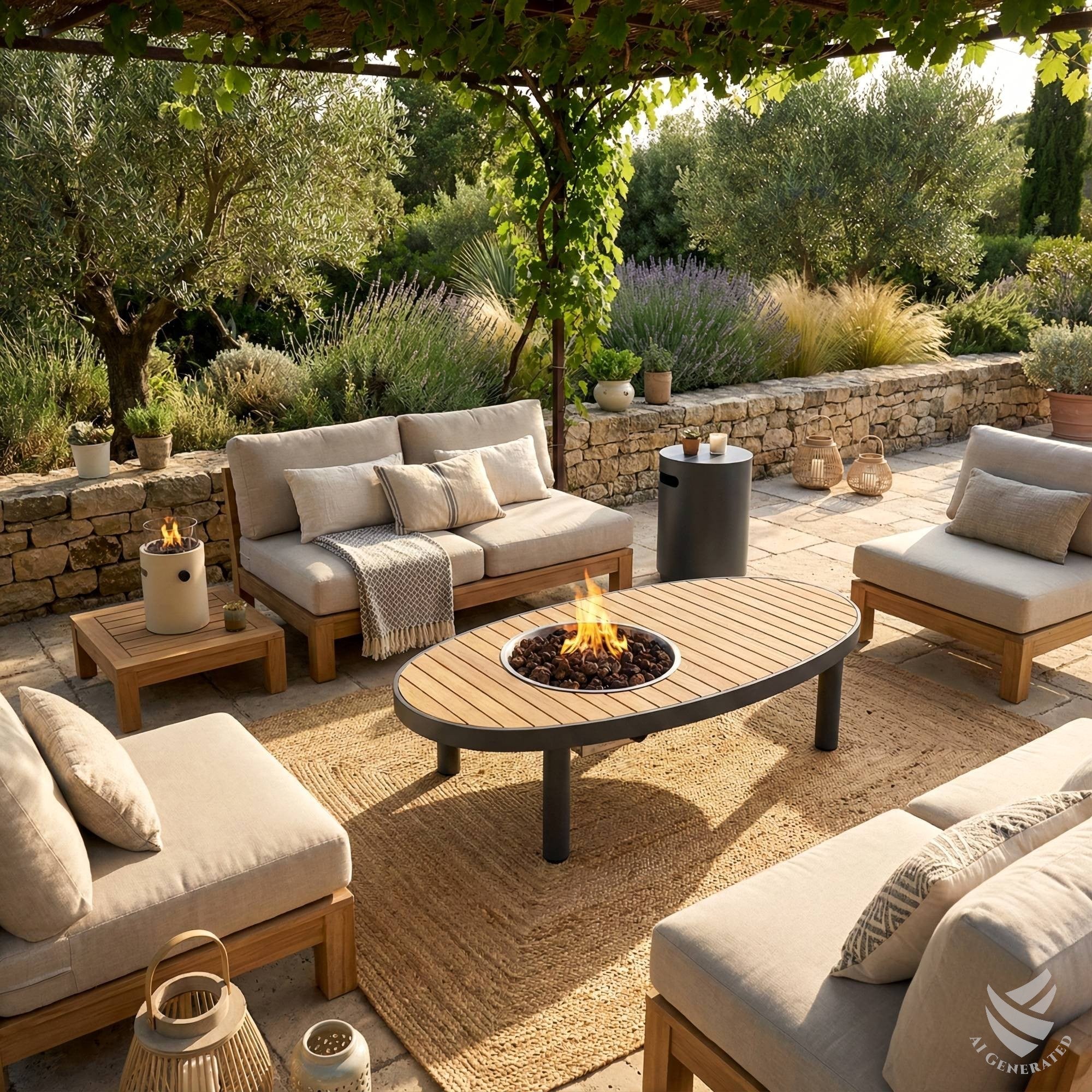 Happy Cocooning Riviera 140 fire pit table on a Mediterranean pergola at dusk — Fireside Boutique launch hero