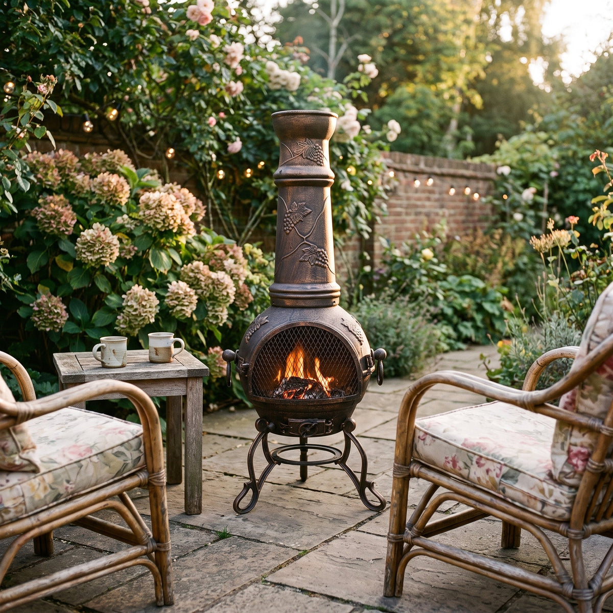 Gardeco Toledo XL Cast Iron Chimenea in Bronze with Grapes in a cozy English garden