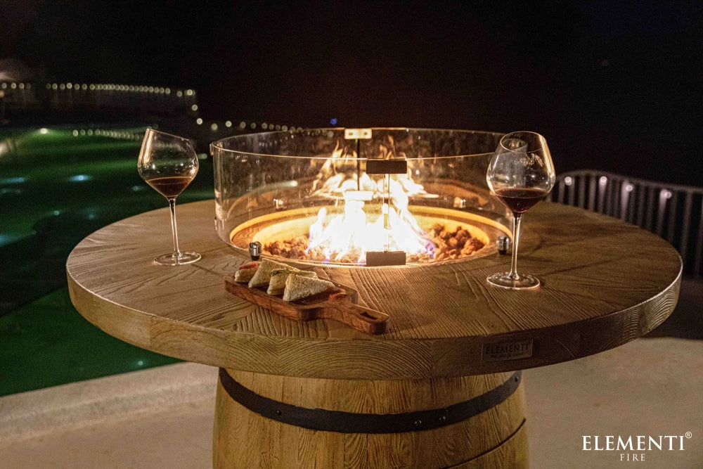 Elementi Lafite Barrel Gas Fire Pit Bar Table | Oak Barrel Design