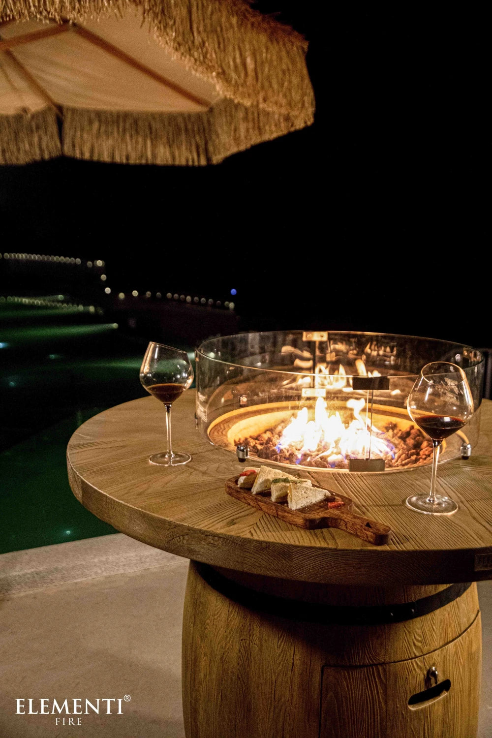 Elementi Lafite Barrel Gas Fire Pit Bar Table | Oak Barrel Design