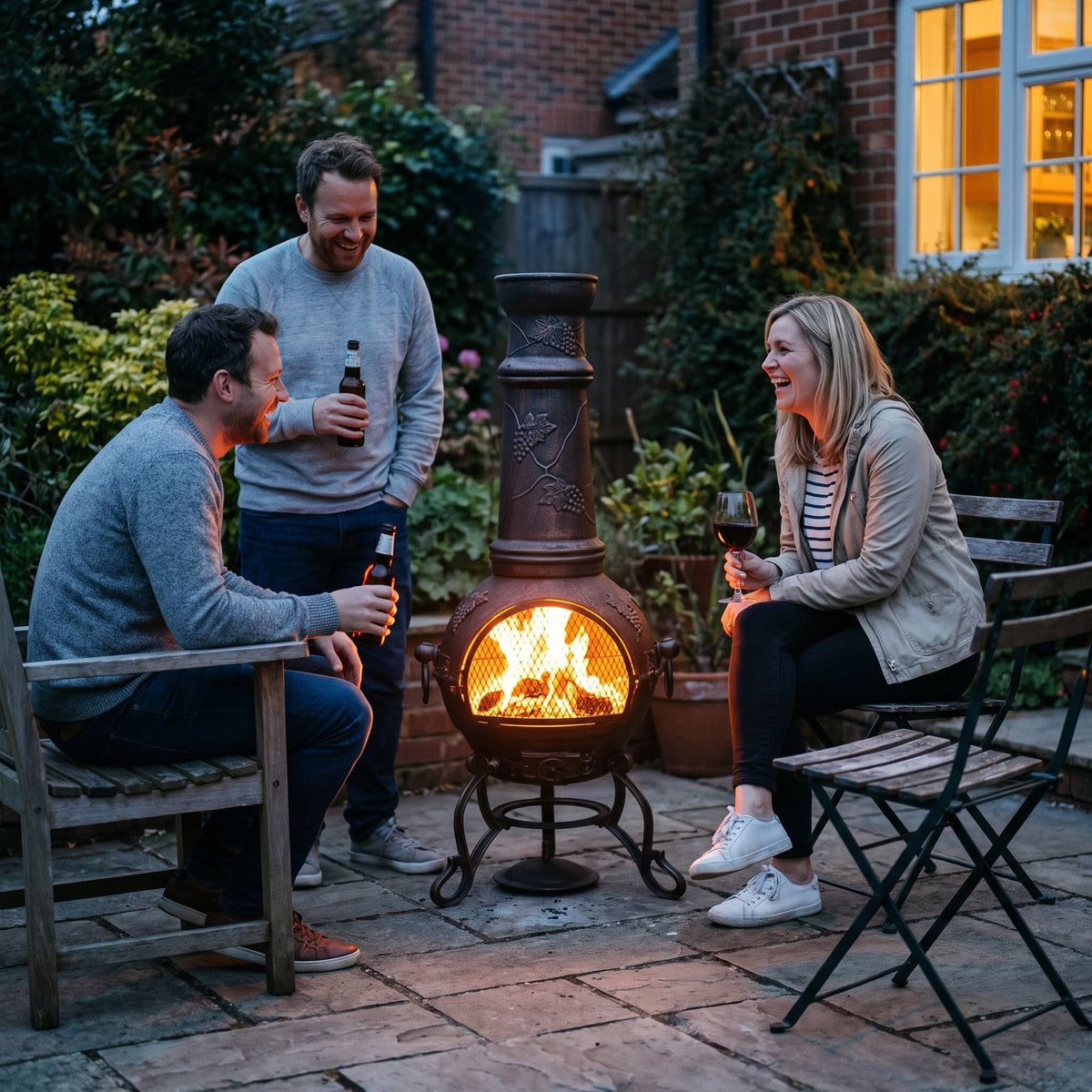 Friends gathered around the Gardeco Toledo XL Cast Iron Chimenea in Bronze with Grapes