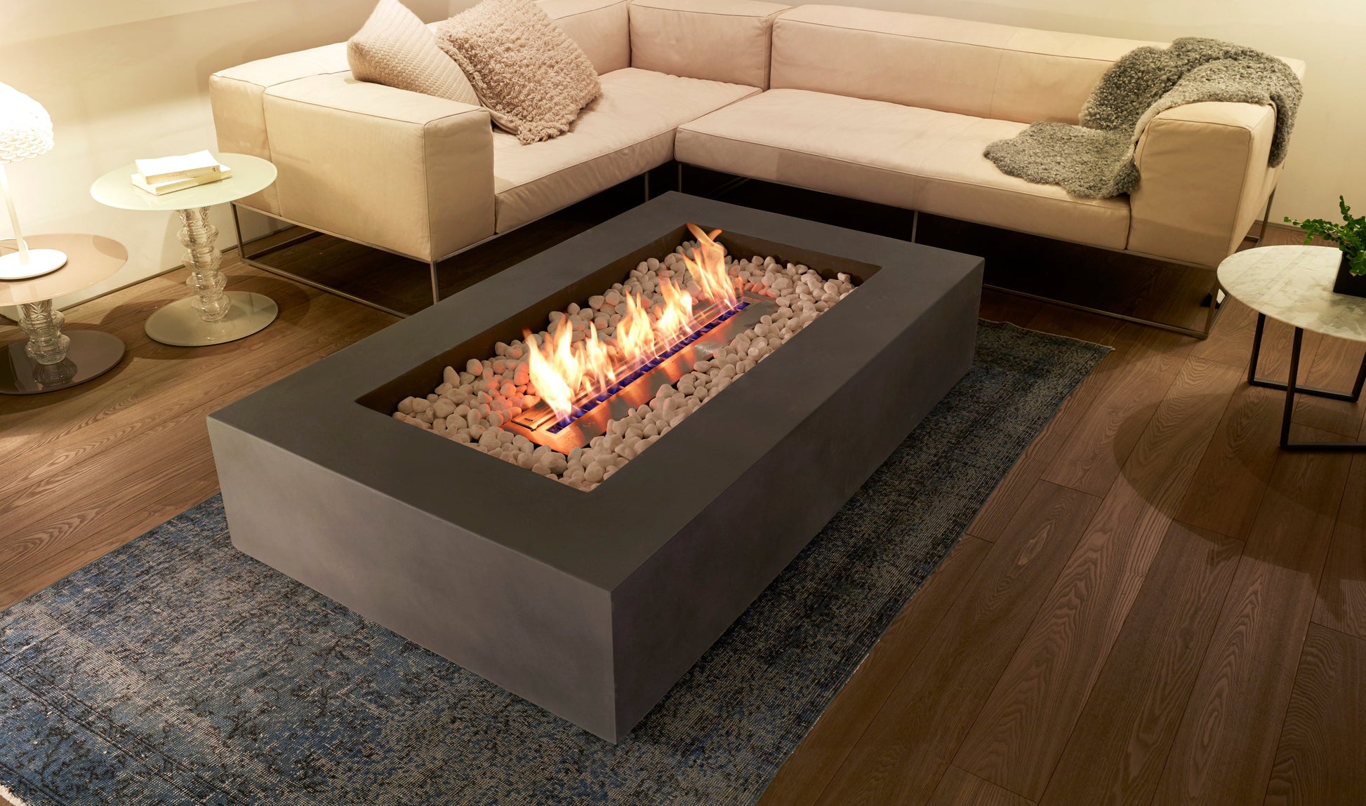 EcoSmart Fire Wharf 65 Rectangular Fire Pit Table, Concrete or Teak, Bioethanol or Gas