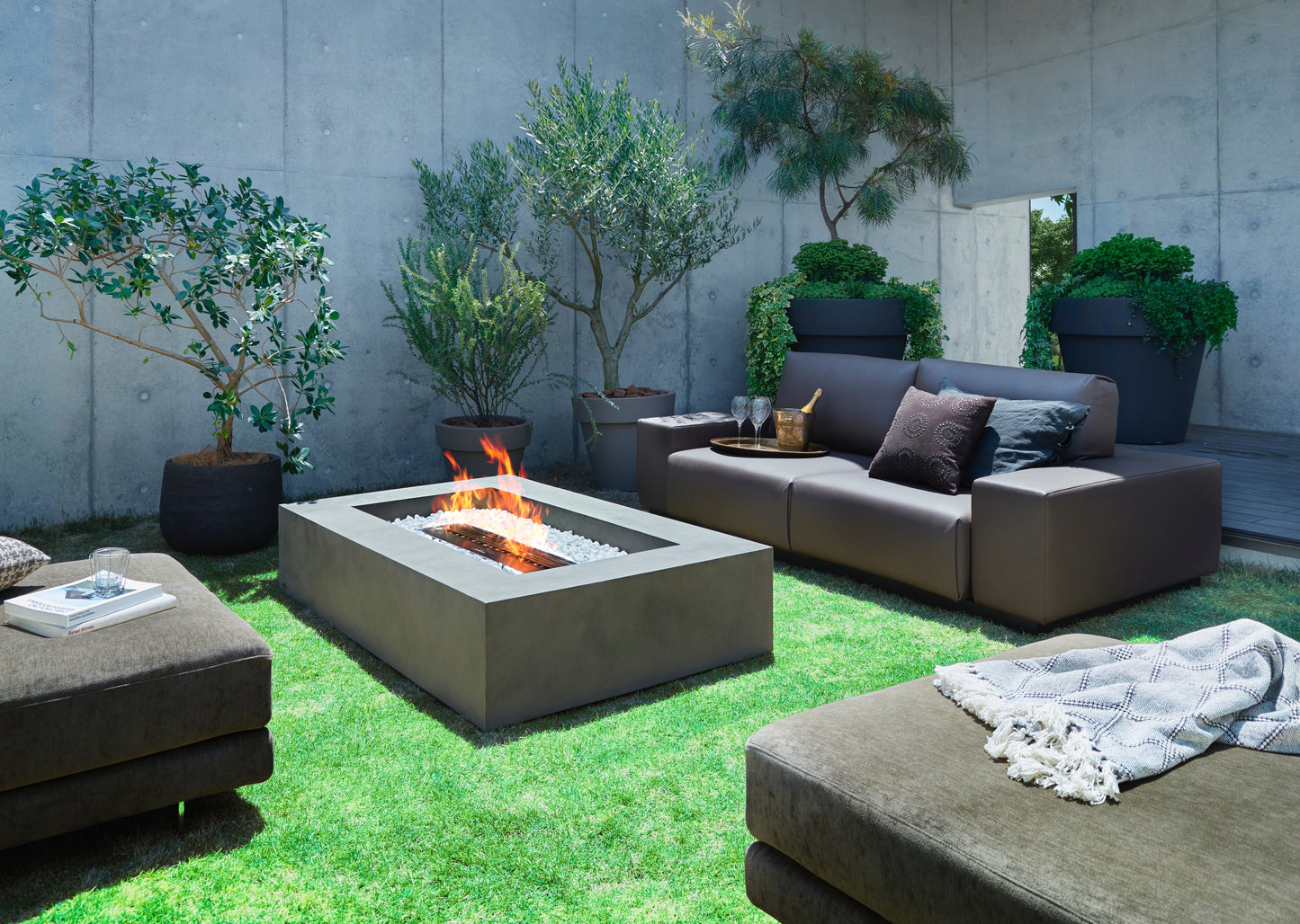 EcoSmart Fire Wharf 65 Rectangular Fire Pit Table, Concrete or Teak, Bioethanol or Gas